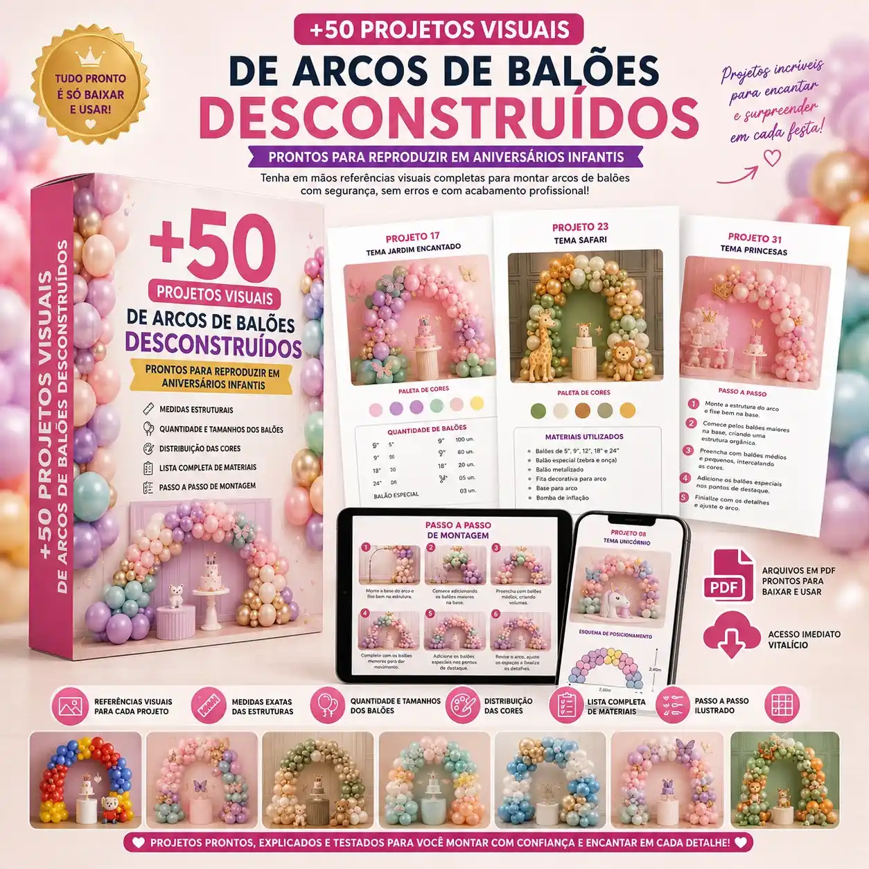 Pacote Básico: +50 projetos visuais de arcos de balões